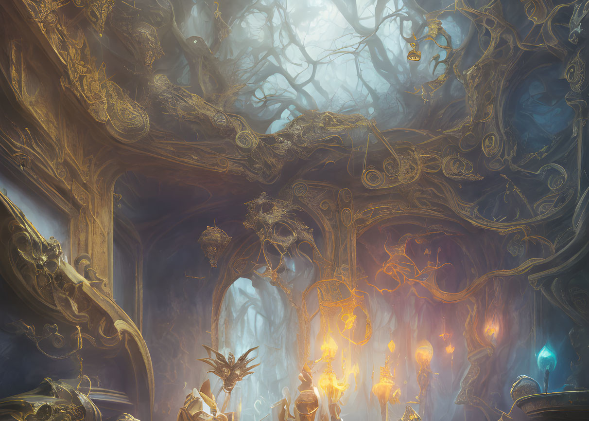 Ethereal forest with golden branches and glowing lanterns