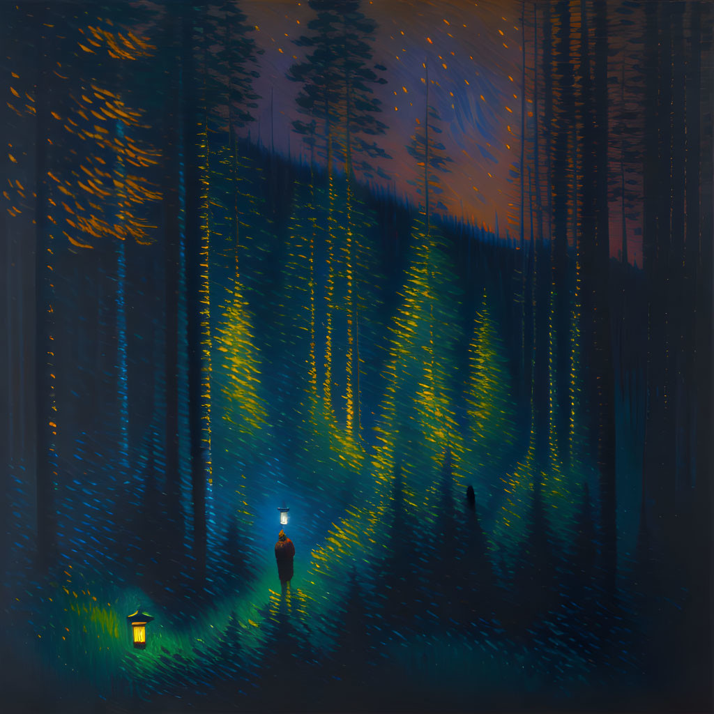 Person with lantern in mystical forest under twilight sky with blue and yellow light streaks