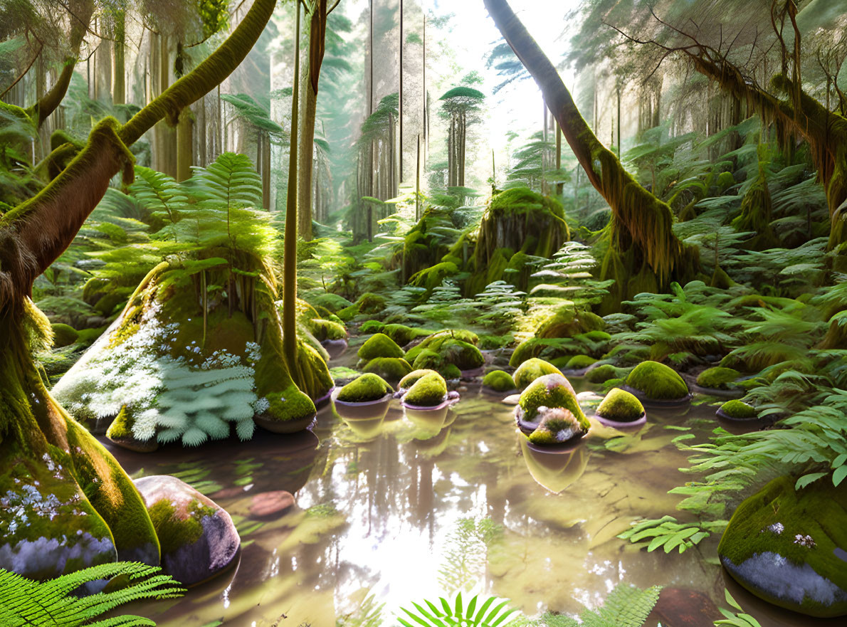 Tranquil forest scene with ferns, moss-covered trees, rocks & reflective pond