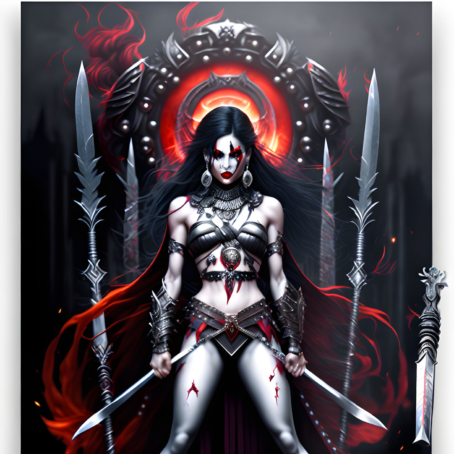 Fantasy warrior woman with swords in metallic armor and fiery throne