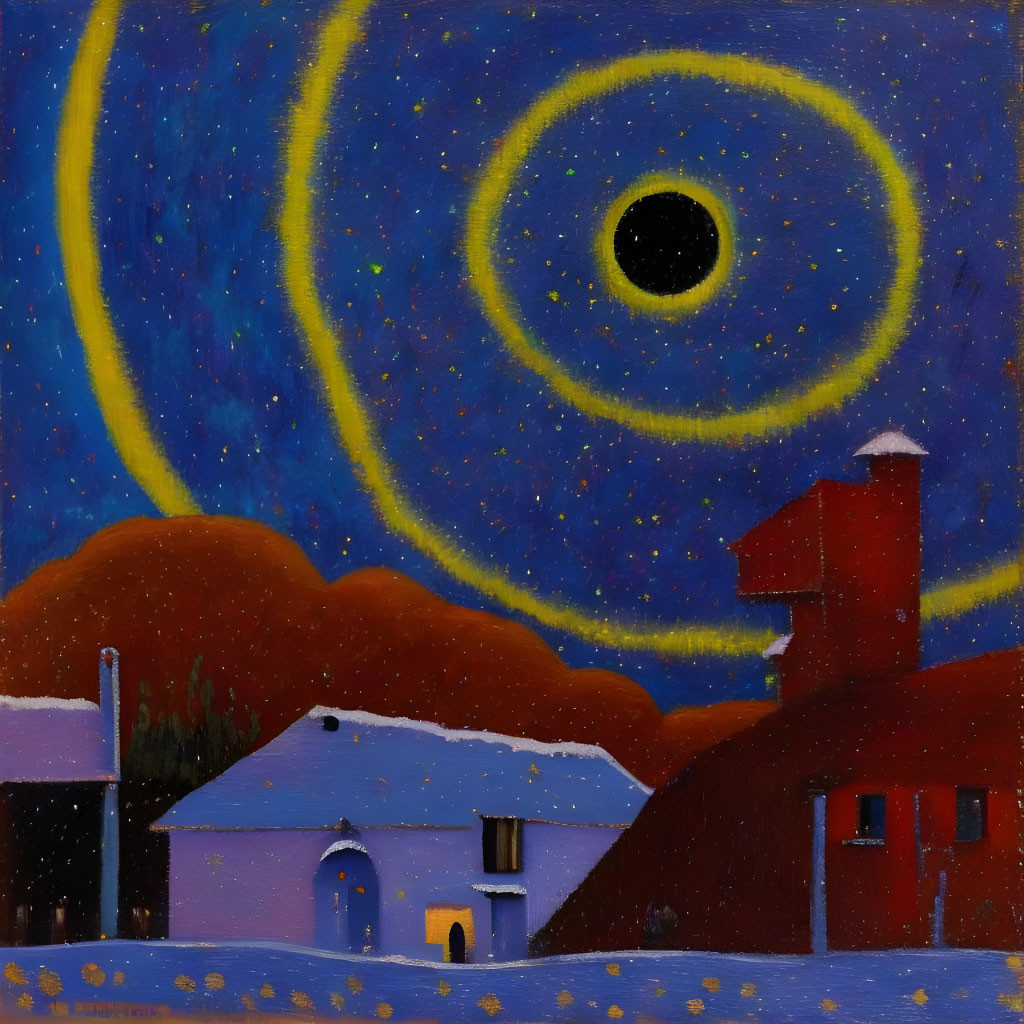 Stylized night painting with swirling yellow sky and black circle