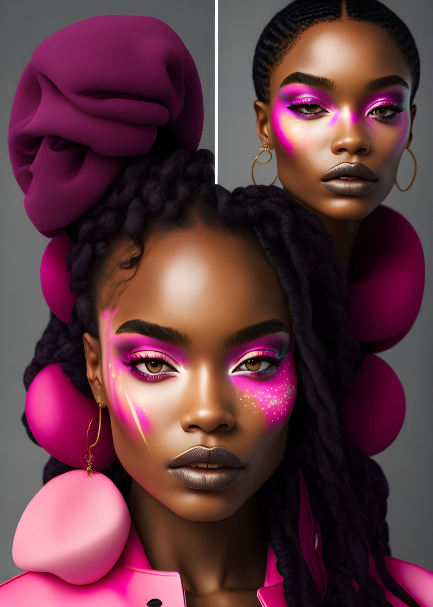 Dual Portrait: Woman with Vibrant Pink Makeup and Turban