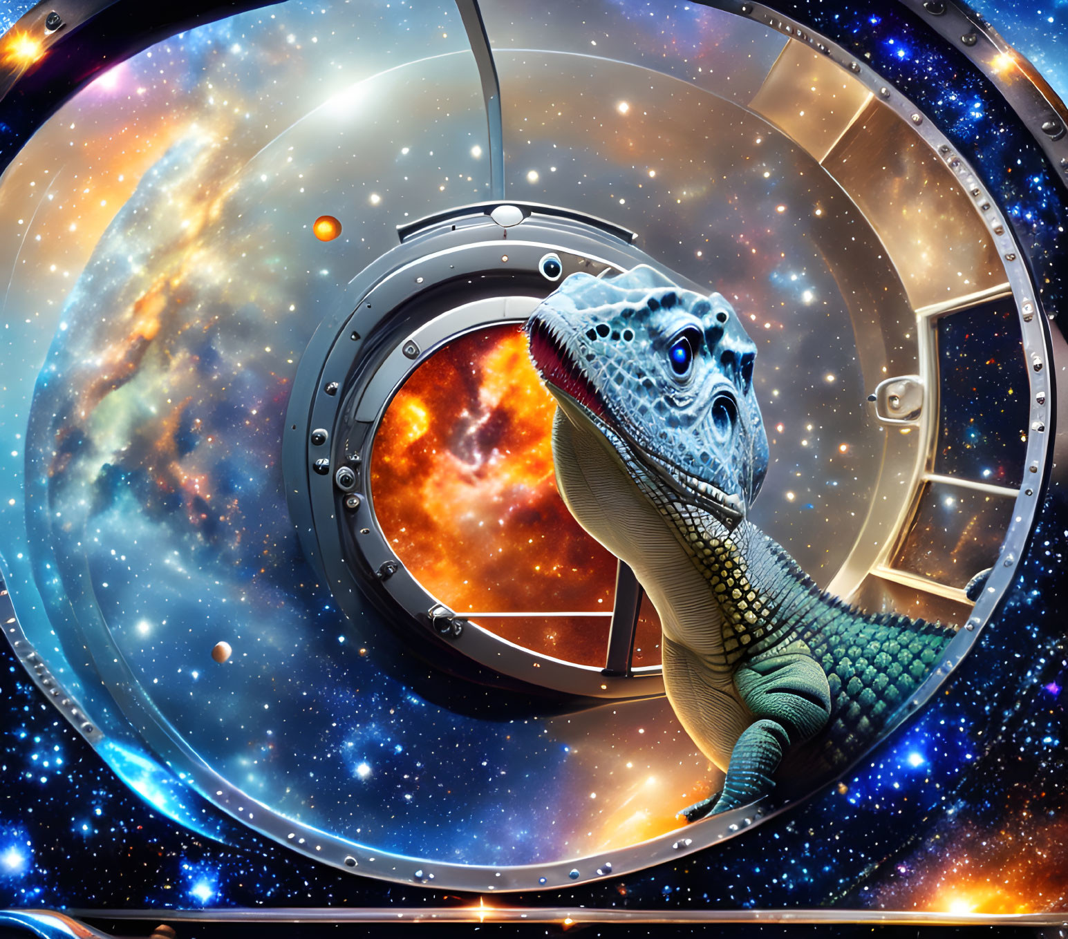 Detailed illustration: Iguana peering through spaceship window with cosmic backdrop.