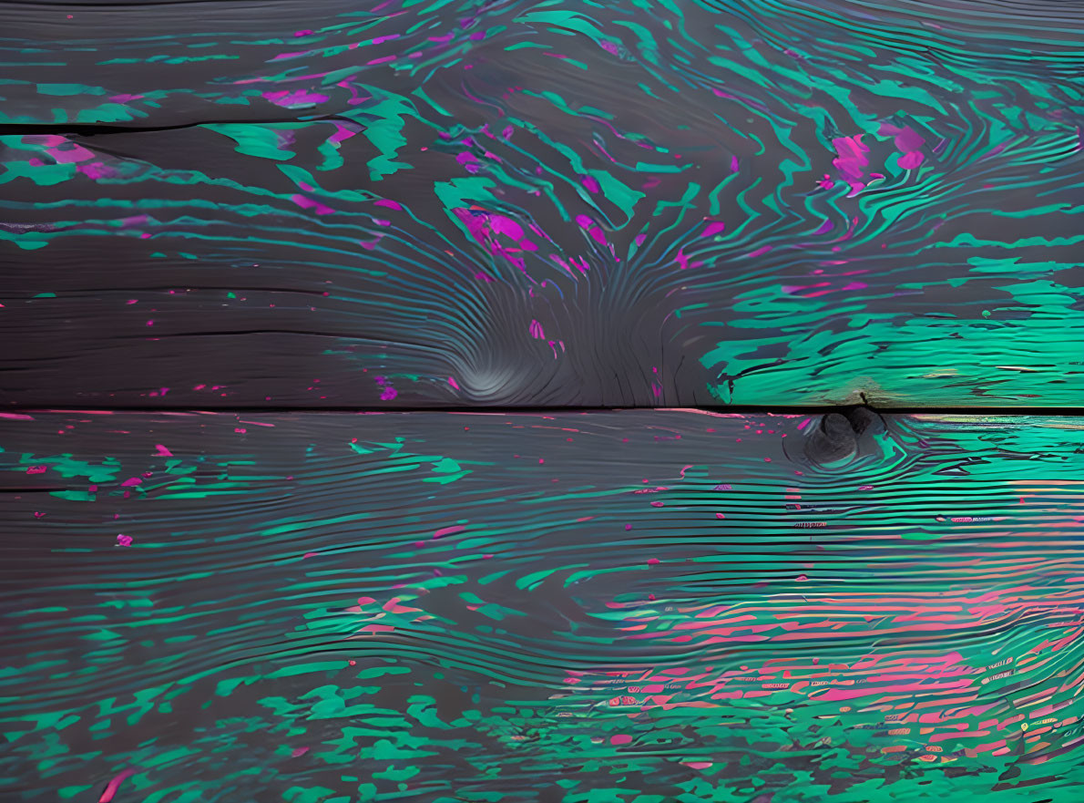 Swirling black, teal, and pink abstract painted texture on wood.