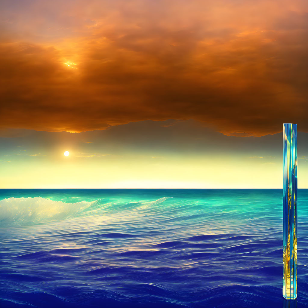 Surreal seascape: oversized test tube in blue waves at sunset