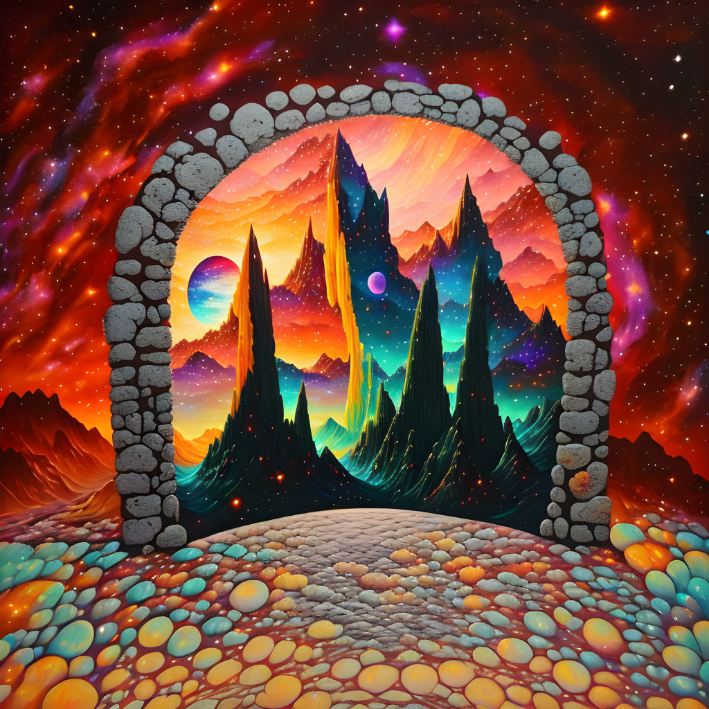 Fantasy landscape with mountains, celestial bodies, and star-filled sky