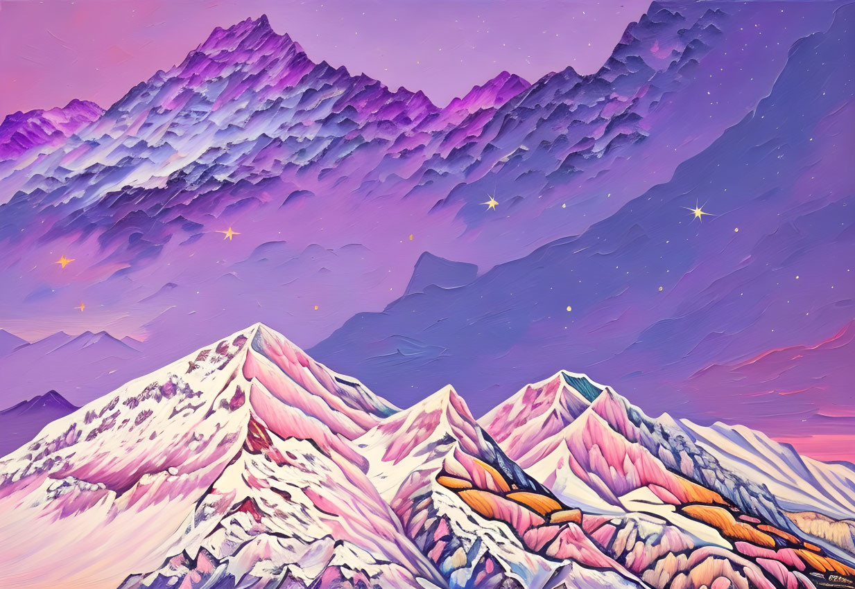 Stylized mountain range with purple hues and starry sky art.