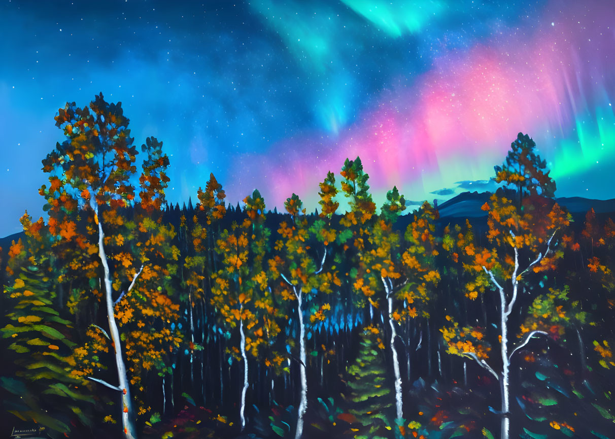 Night Sky Aurora Borealis Over Pine Forest Illustration