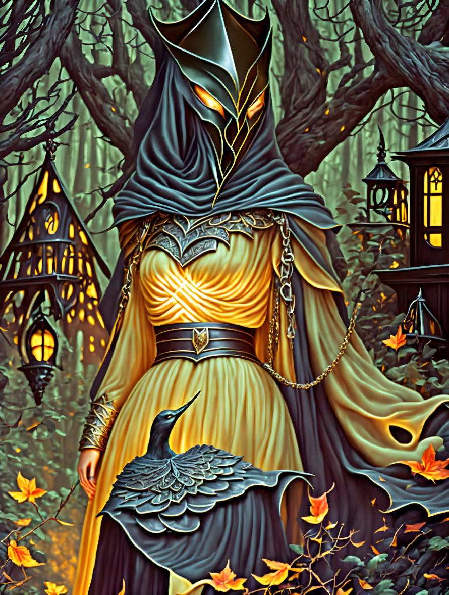 Figure in hooded cloak with lantern and raven in autumn woods