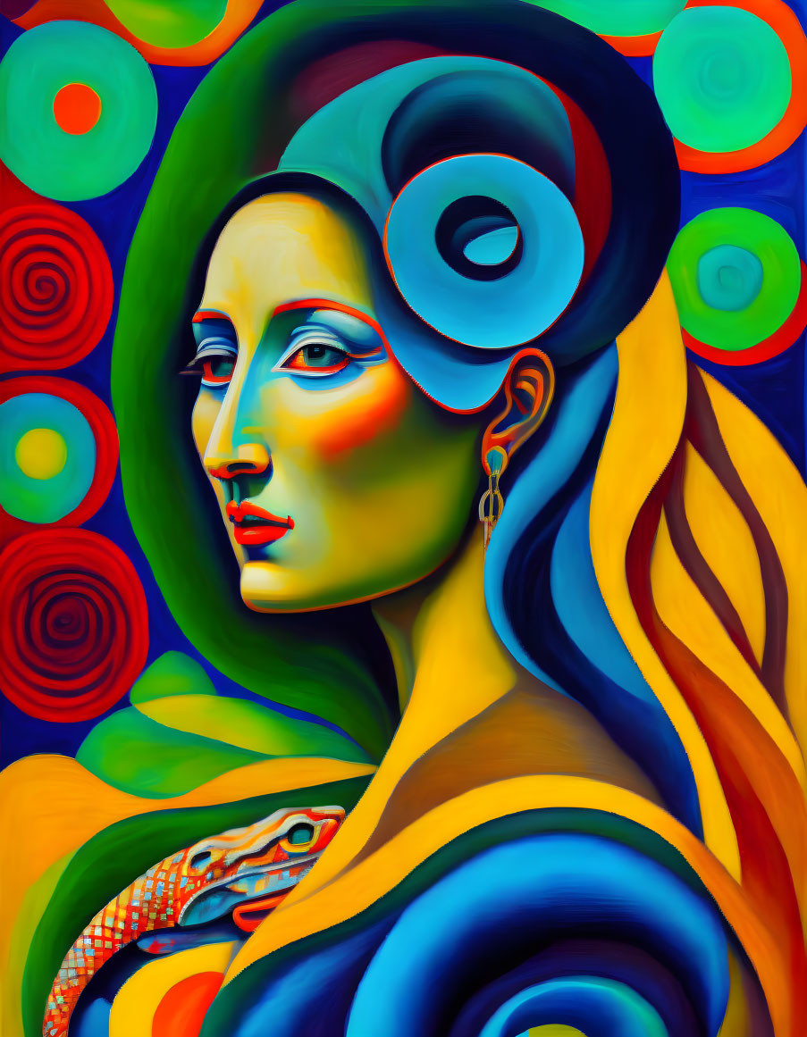 Colorful Surrealist Portrait: Woman with Lizard and Abstract Patterns