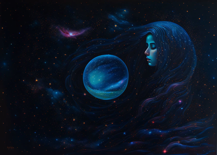 Surreal artwork: Woman's profile with flowing hair into starry night sky, holding cosmic bubble