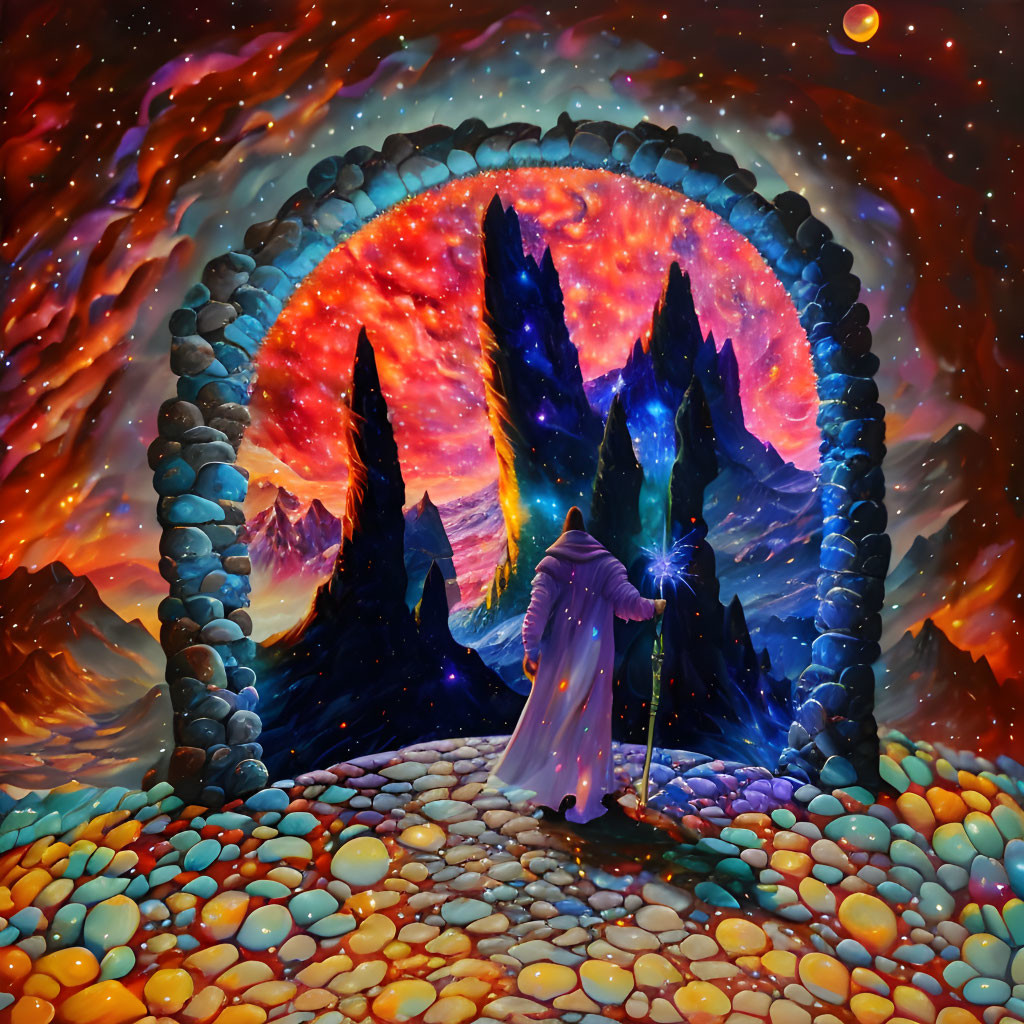 Cloaked figure at vibrant stone portal in mystical landscape