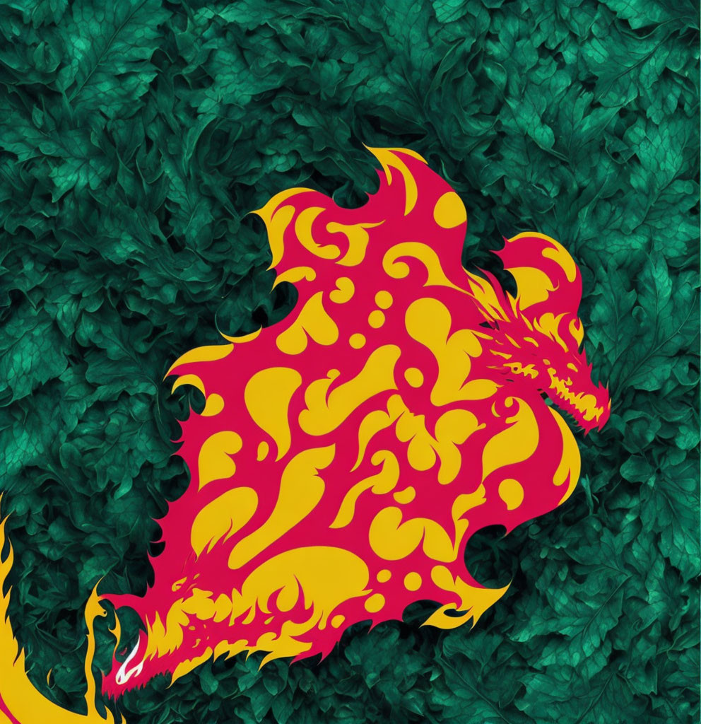 Colorful Dragon Graphic on Dark Green Leafy Background