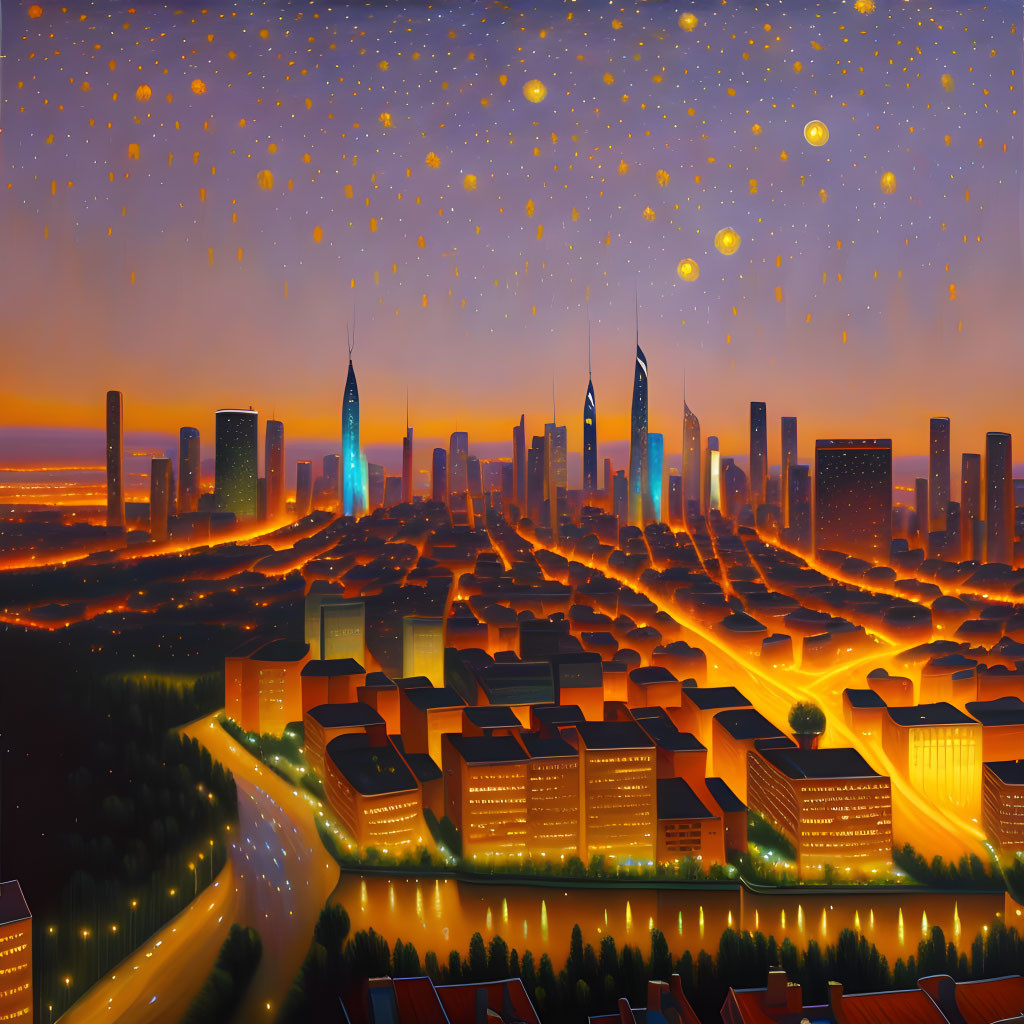 Colorful cityscape painting at dusk with glowing buildings and starry sky.