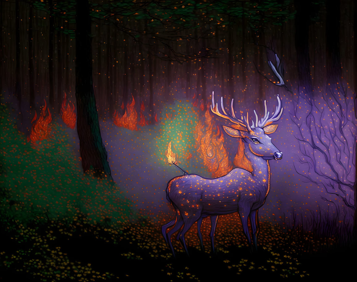 Mystical forest scene with stag, butterflies, fires, and purple light