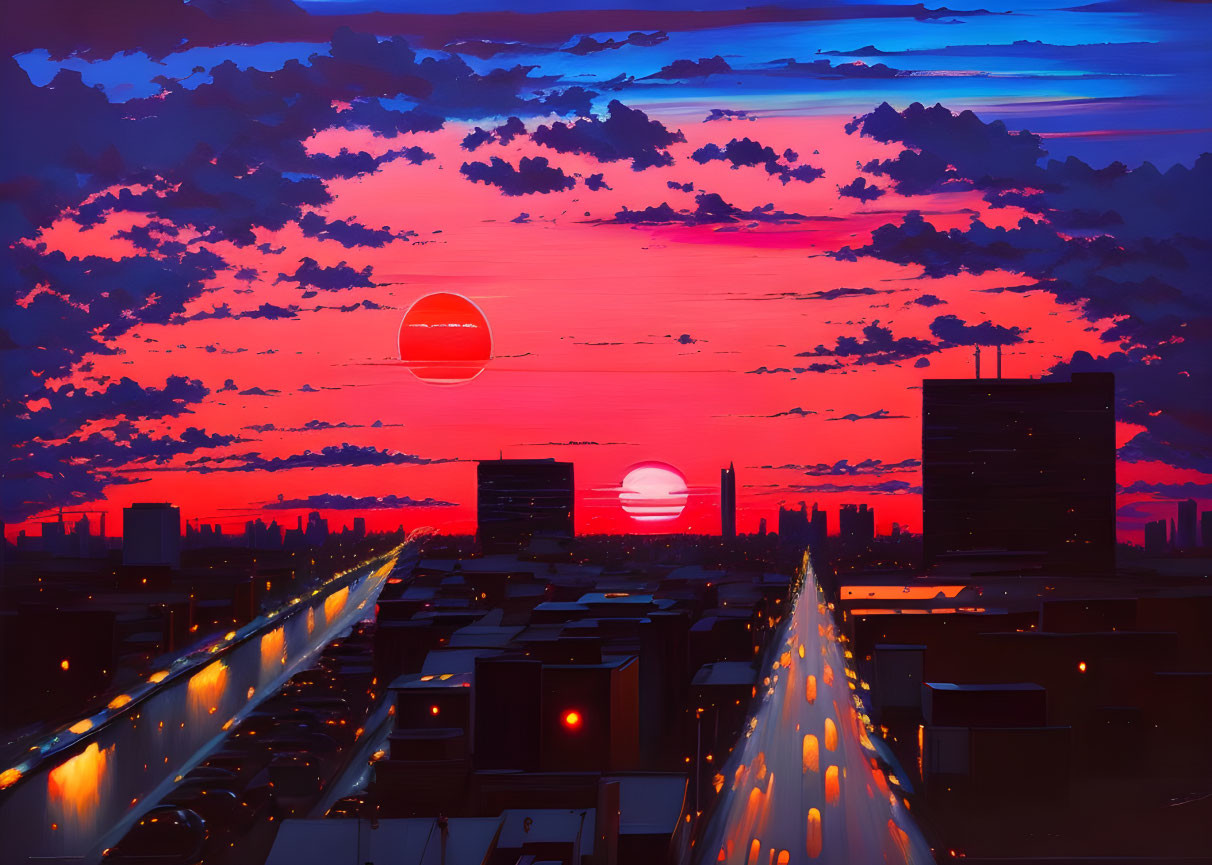 Colorful urban sunset digital artwork with red and purple sky.