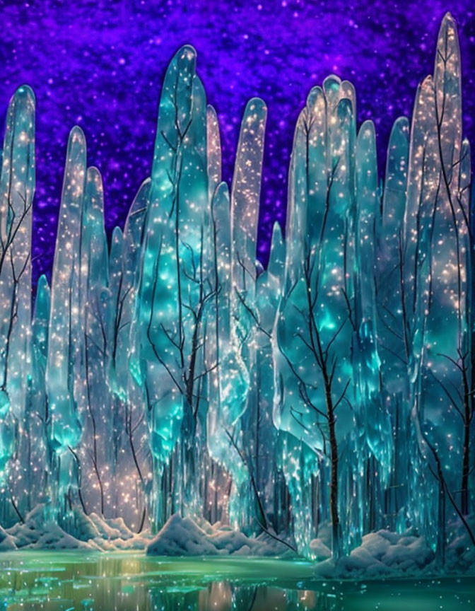 Winter Wonderland: Towering Ice Formations and Twinkling Lights