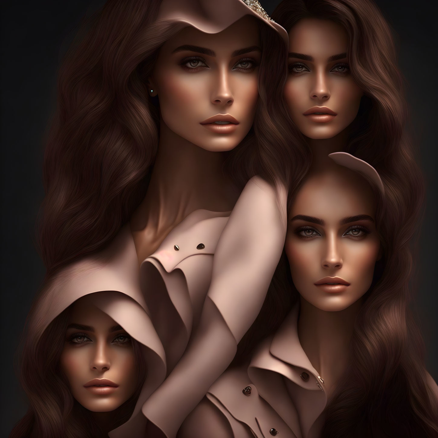 Group of four women with similar facial features and long wavy hair on dark background