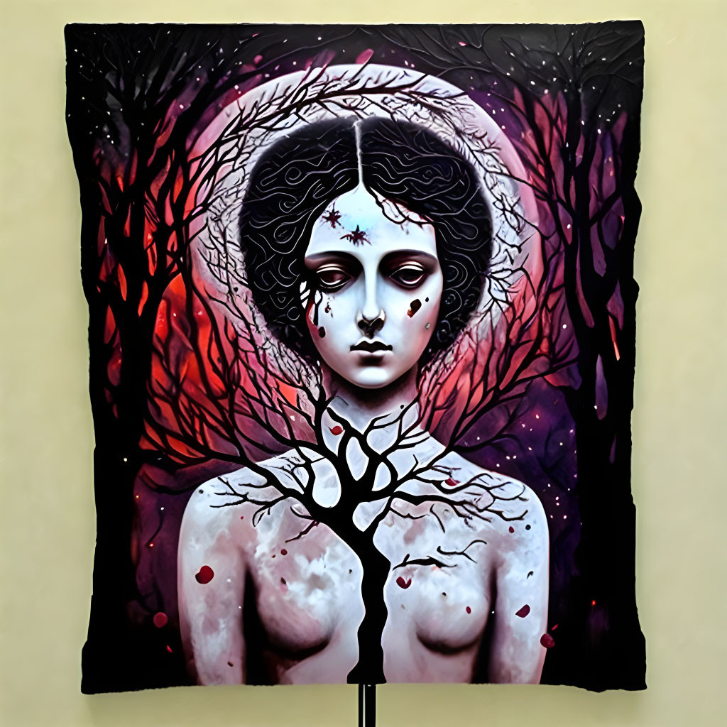 Pale Woman with Tree Branches Tapestry in Violet Forest Setting