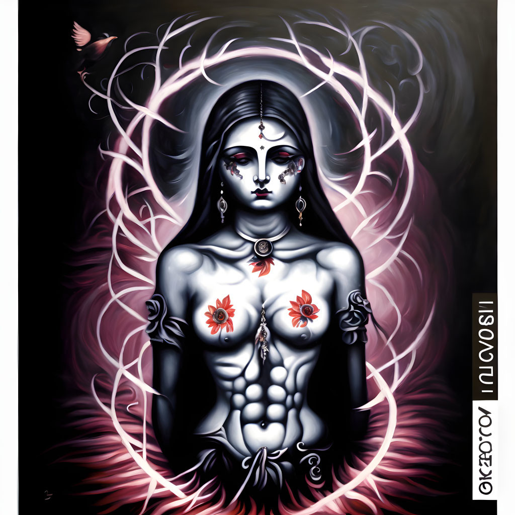 Mystical artwork featuring figure with pale skin and Hindu symbols, surrounded by swirling light patterns and a