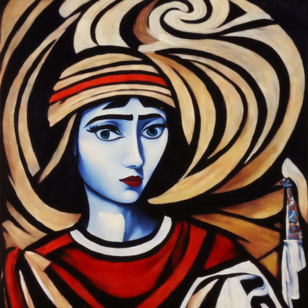 Stylized painting of woman with expressive eyes and spaceship hint