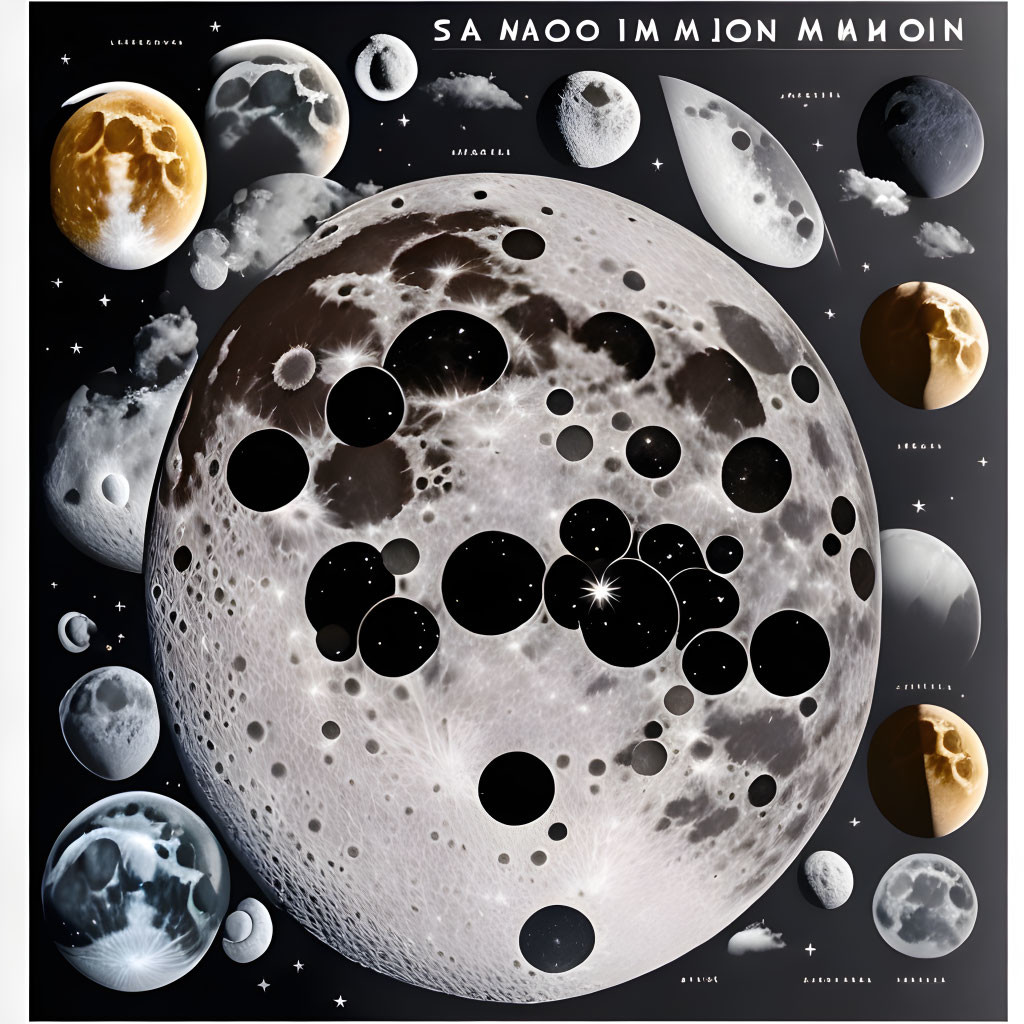 Various Moons and Celestial Bodies Collage with Detailed Center Moon