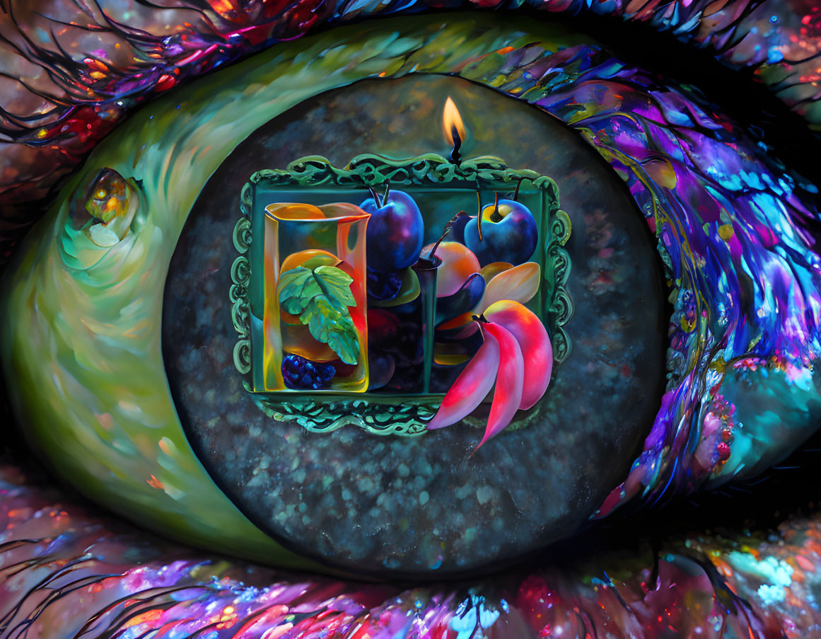 Colorful digital artwork: Candle, fruits on tray, swirling eye-like pattern