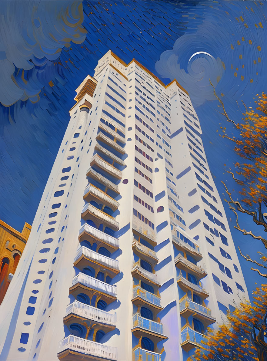 Stylized illustration of tall white building against swirling sky