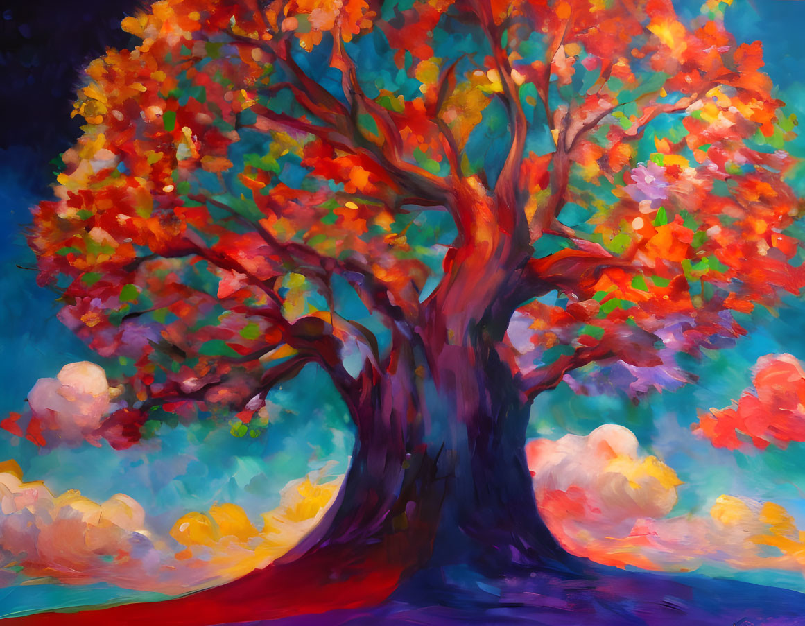 Colorful autumn tree painting against blue sky and white clouds