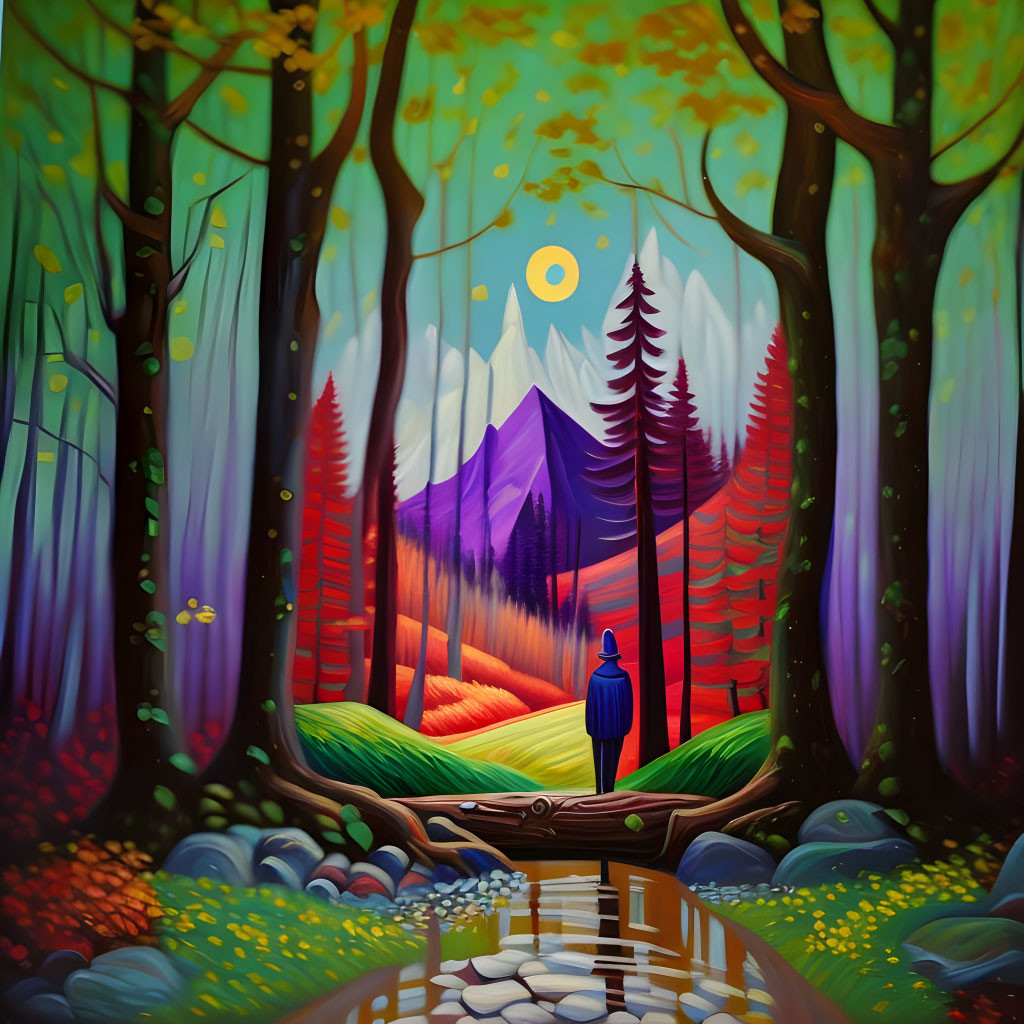 Person on bridge in vibrant mystical forest with colorful trees, mountain backdrop, and moonlit sky.