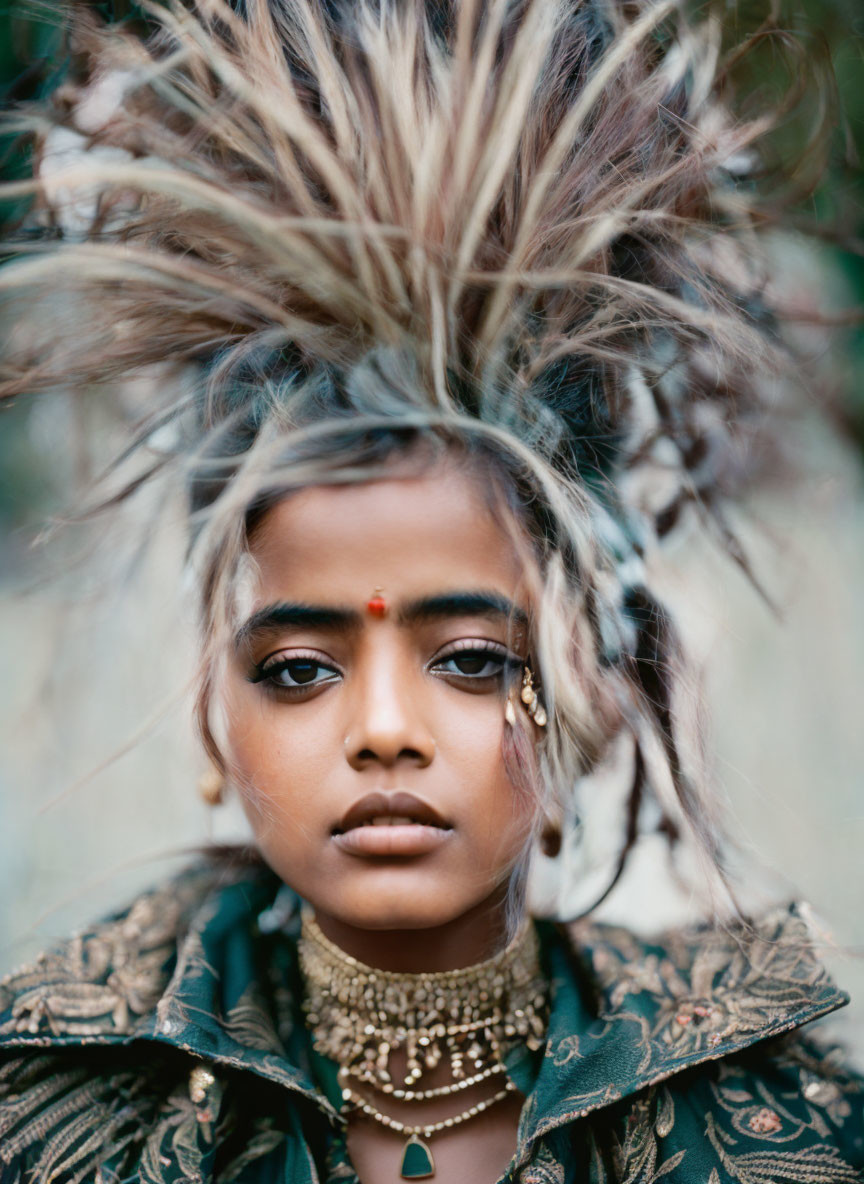 Portrait of a young person with windswept hair and traditional jewelry