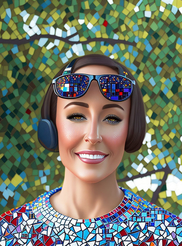 Colorful digital portrait of a smiling woman with sunglasses and headphones on mosaic backdrop