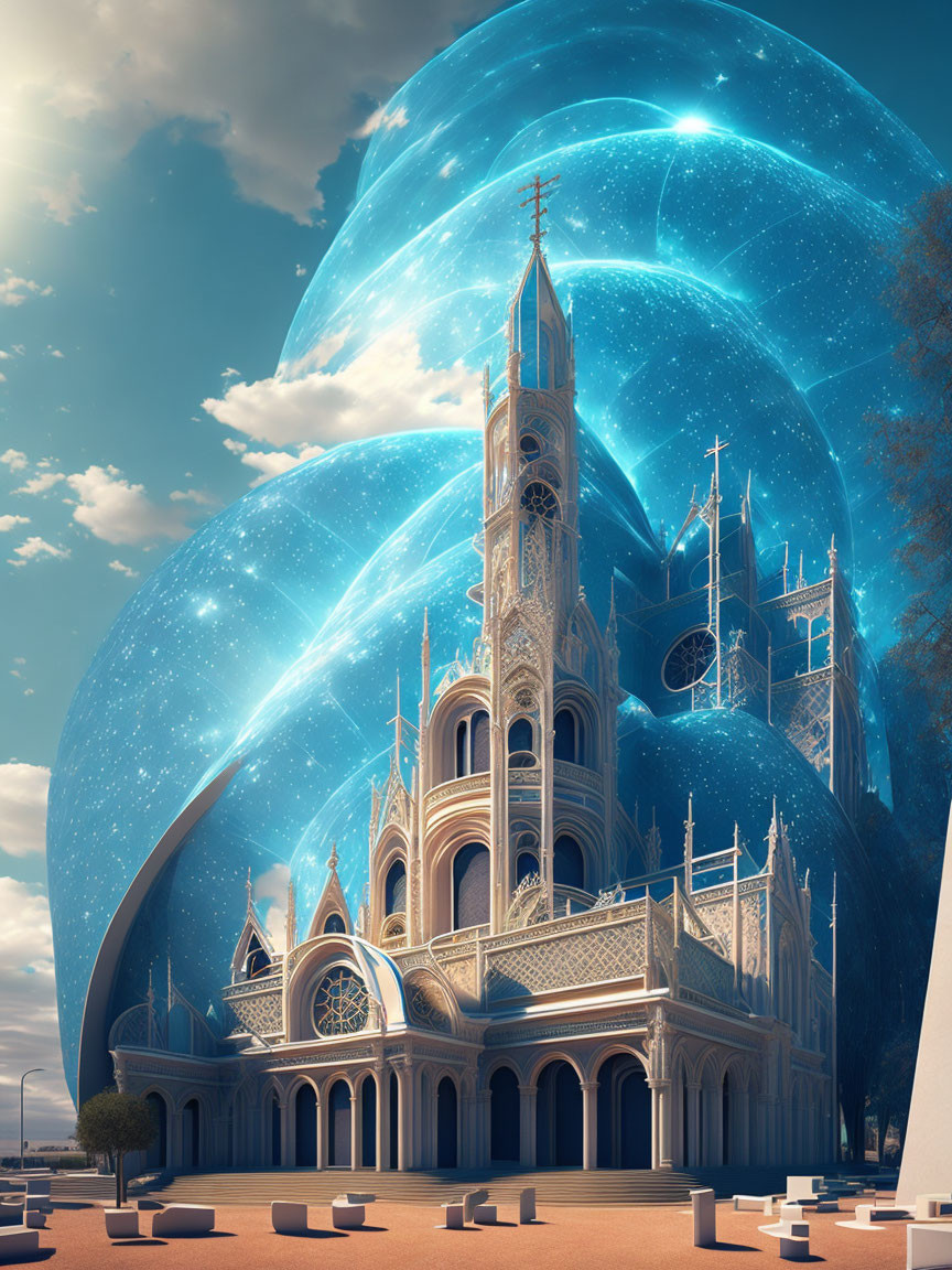 Gothic cathedral with bubble shield under blue sky