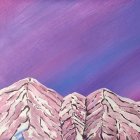 Stylized mountain range with purple hues and starry sky art.