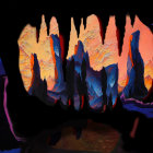 Mystical cave with orange and yellow stalactites above serene pool