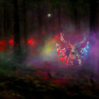 Mystical forest scene with stag, butterflies, fires, and purple light