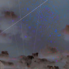 Surreal painting: starry sky, dark clouds, white rain lines