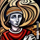 Stylized painting of woman with expressive eyes and spaceship hint