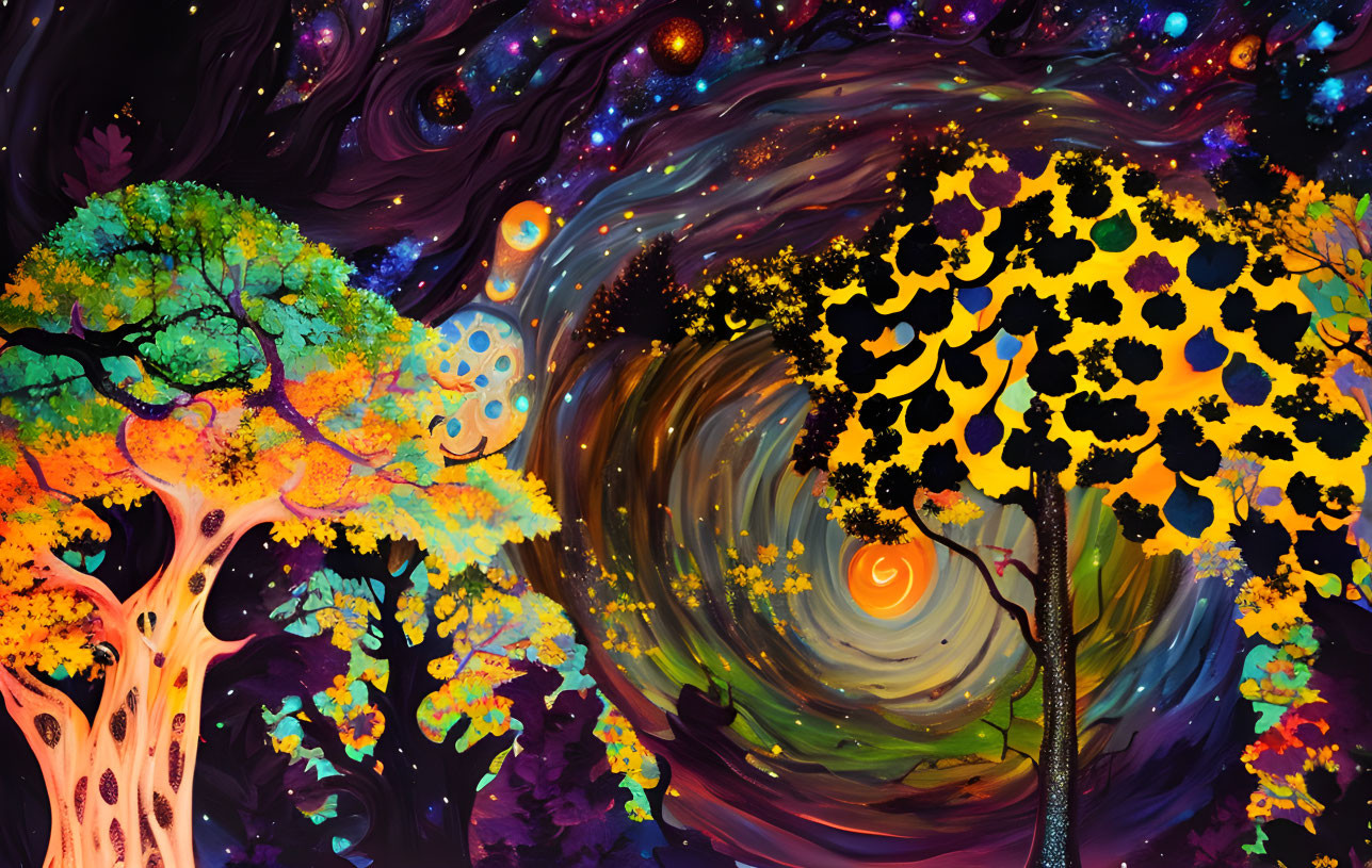 Colorful Psychedelic Tree Artwork in Cosmic Sky