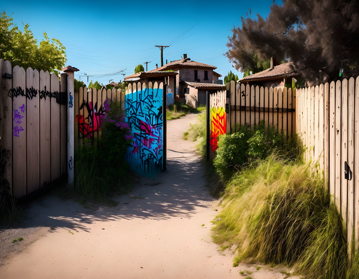 Graffiti-covered alleyway with sandy path and clear blue sky