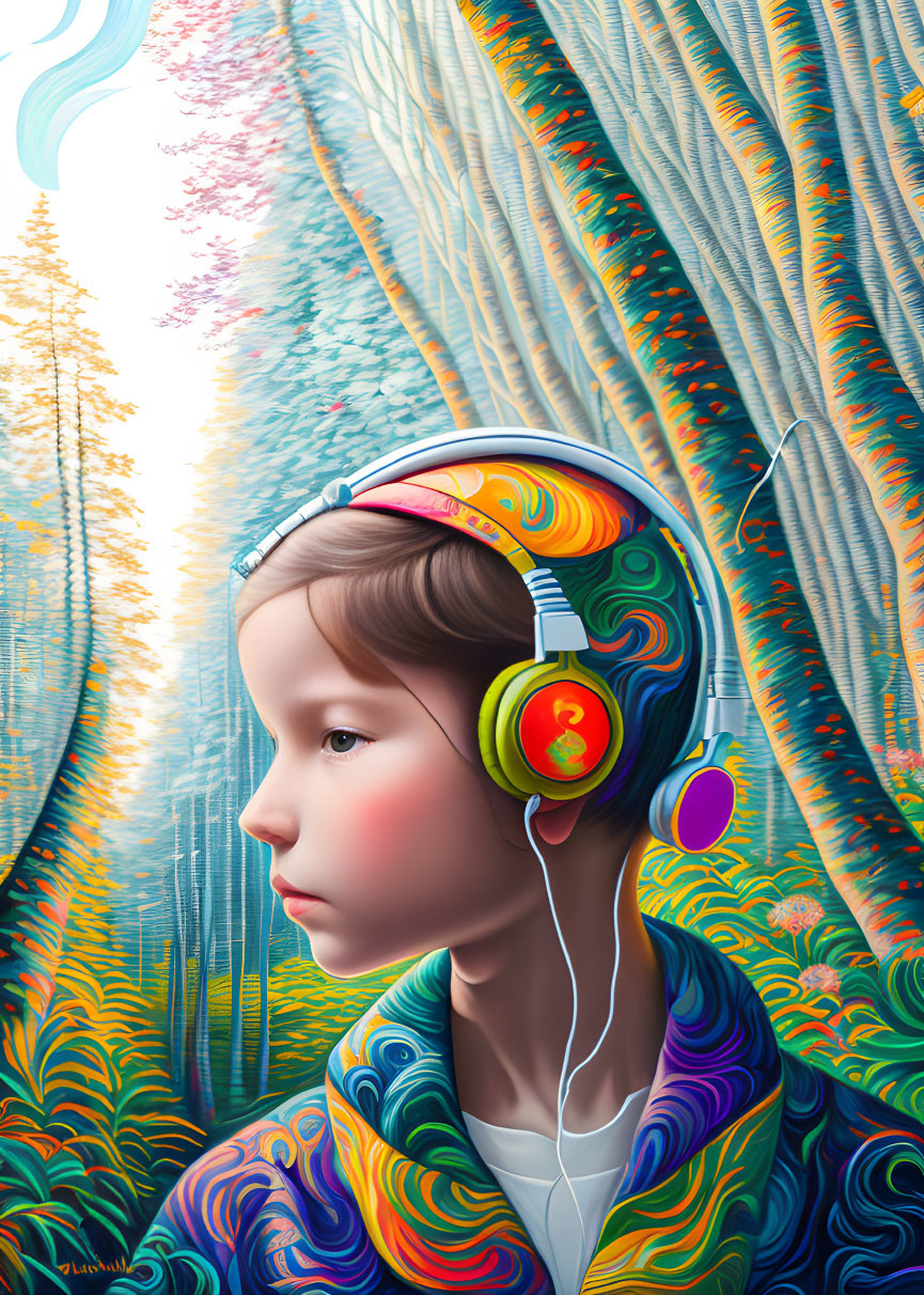 Vibrant Child with Headphones in Abstract Nature-Music Scene