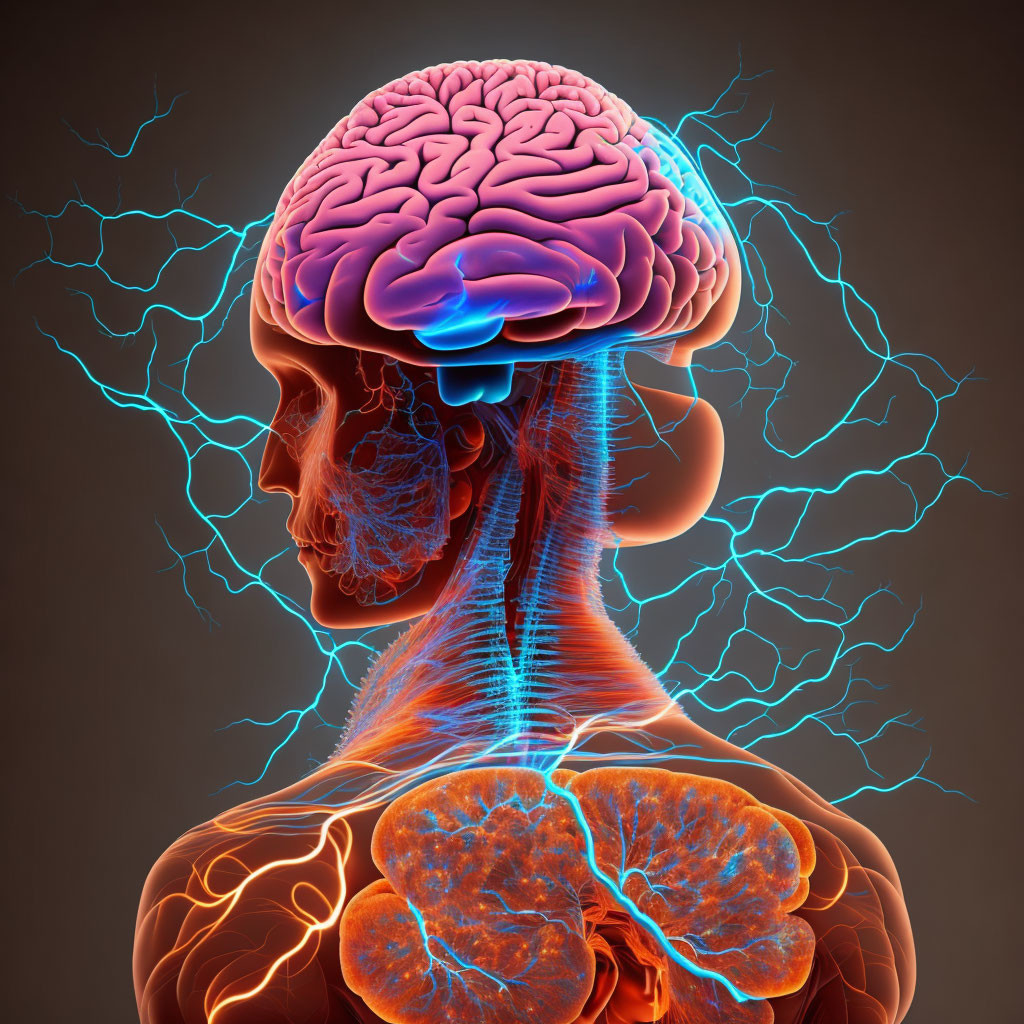 Human head illustration: Brain with electric activity, connected to spine, branching out.