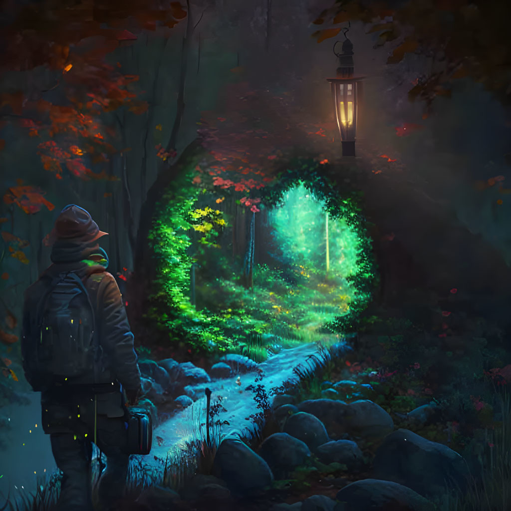 Backpacker admires mystical portal in dark forest with lantern glow