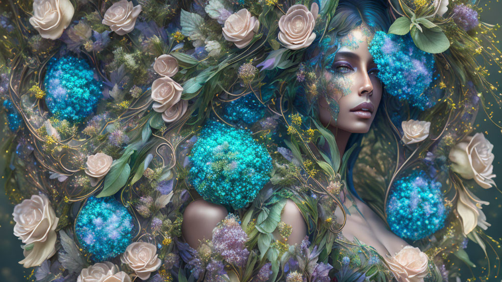 Fantasy portrait of woman with blue skin and floral ornamental headdress