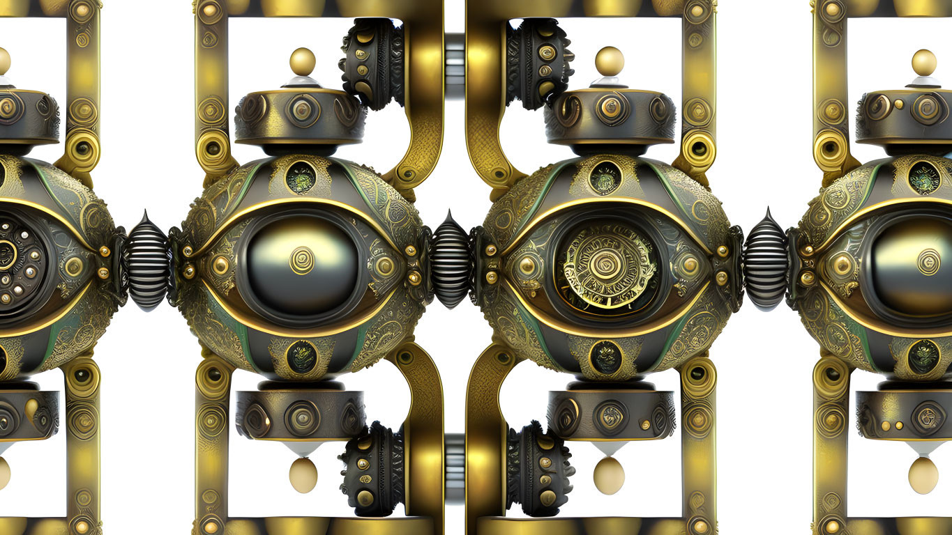 Symmetrical steampunk-style mechanism with gold and black details