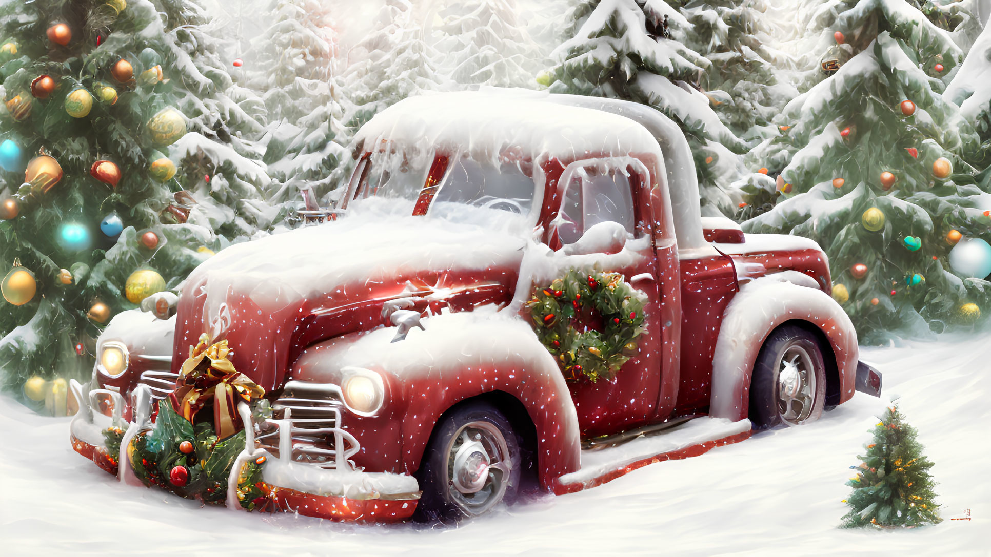 Vintage Red Truck Covered in Snow with Christmas Decorations in Snowy Forest