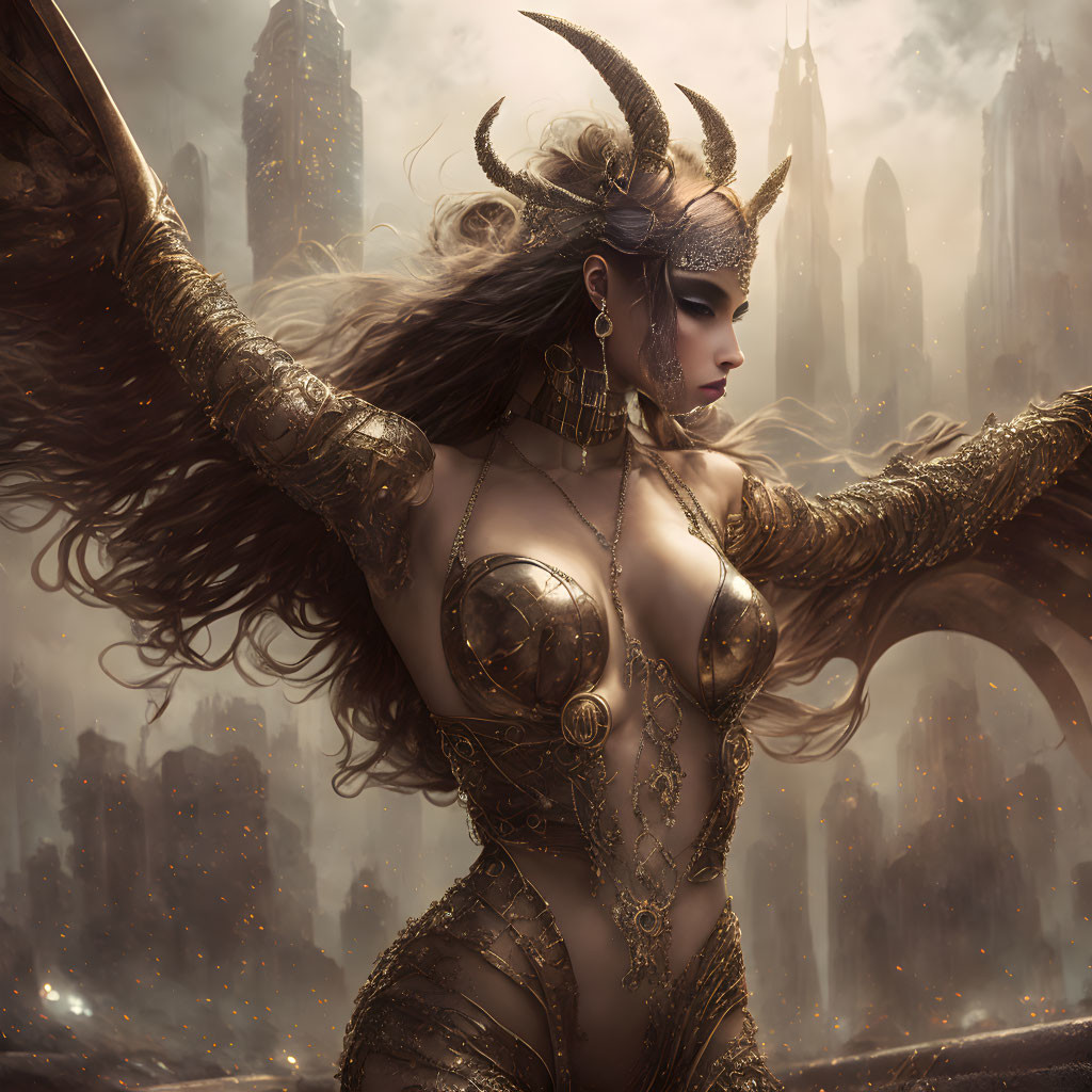 Fantasy female warrior with horns in golden armor in dystopian cityscape