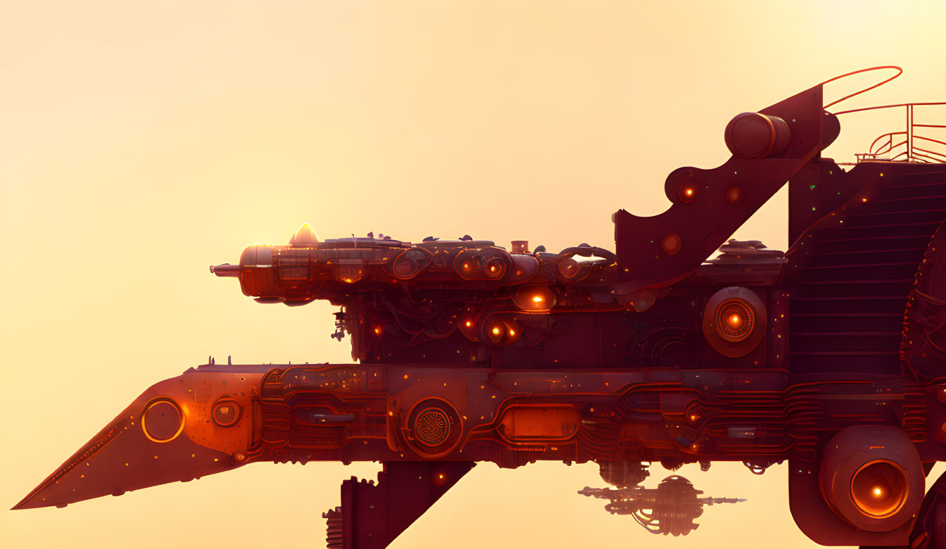 Intricate steampunk airship against warm orange sky