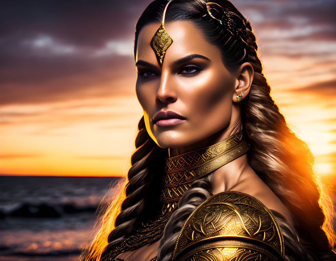 Woman with braided hair in golden warrior armor at sunset