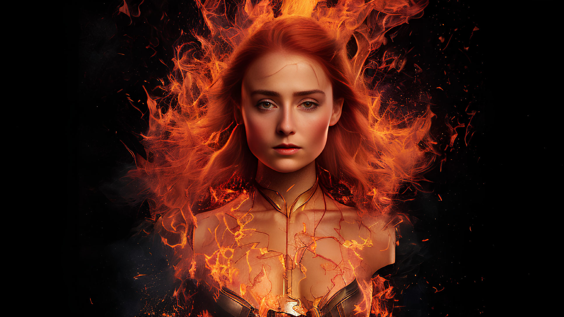 Fiery red-haired woman engulfed in flames and crackling energy